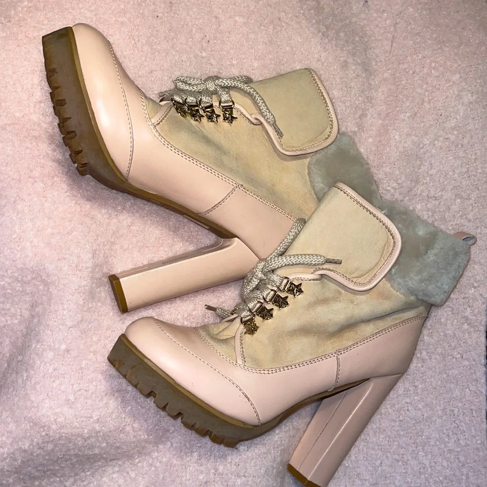 RED VALENTINO Nude Lace Up with Fur Leather Heels Boots/Booties - Picture 2 of 12